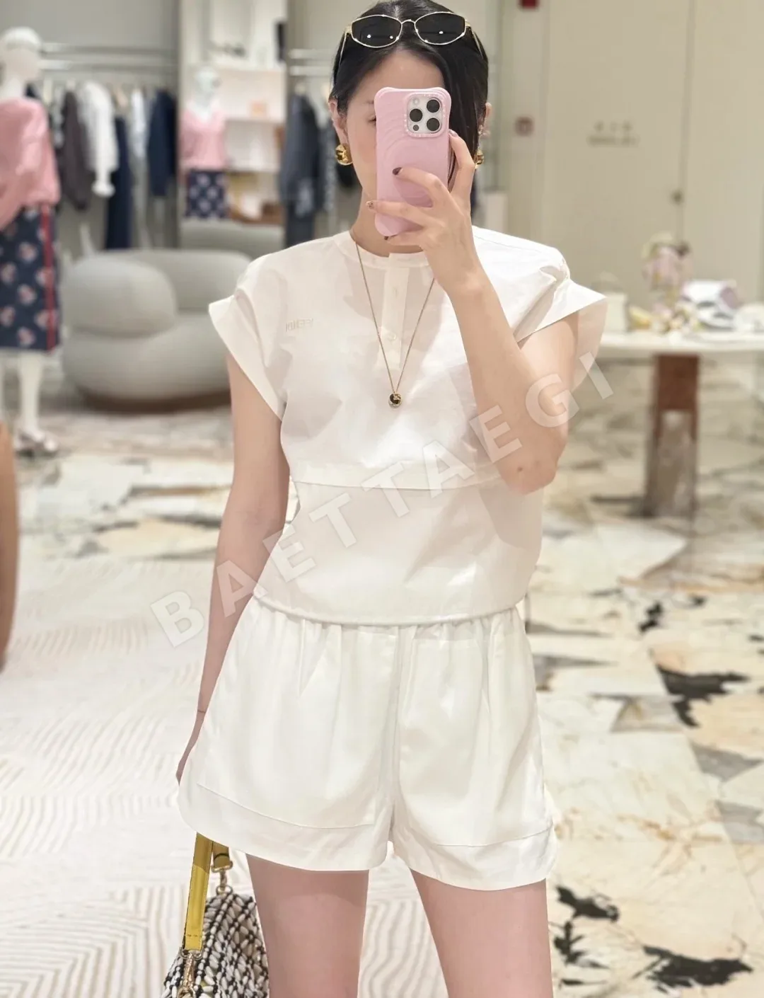 펜디 더블 포켓 자수 고무 허리밴드 여성 실크 나일론 반바지 126442