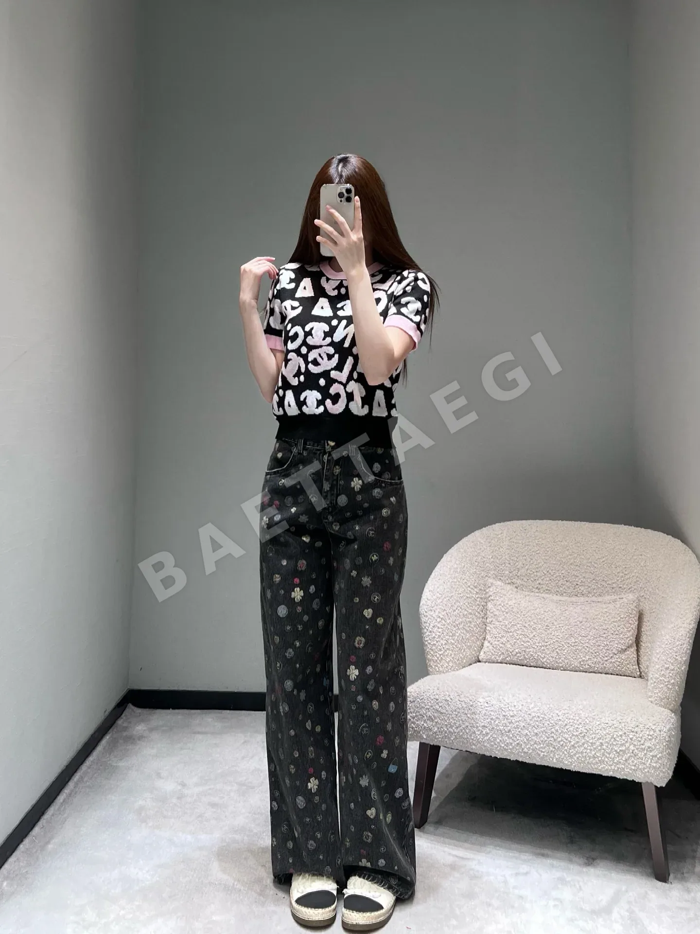 샤넬 여성 핑크 블록 크루넥 반팔 니트 티셔츠 상세 이미지 6